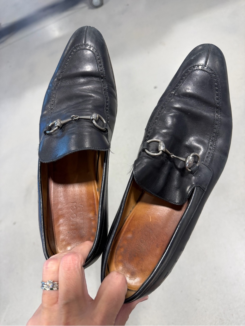 Authentic GUCCI Horsebit Loafers 11 Black Leather damaged sole imperfect condit